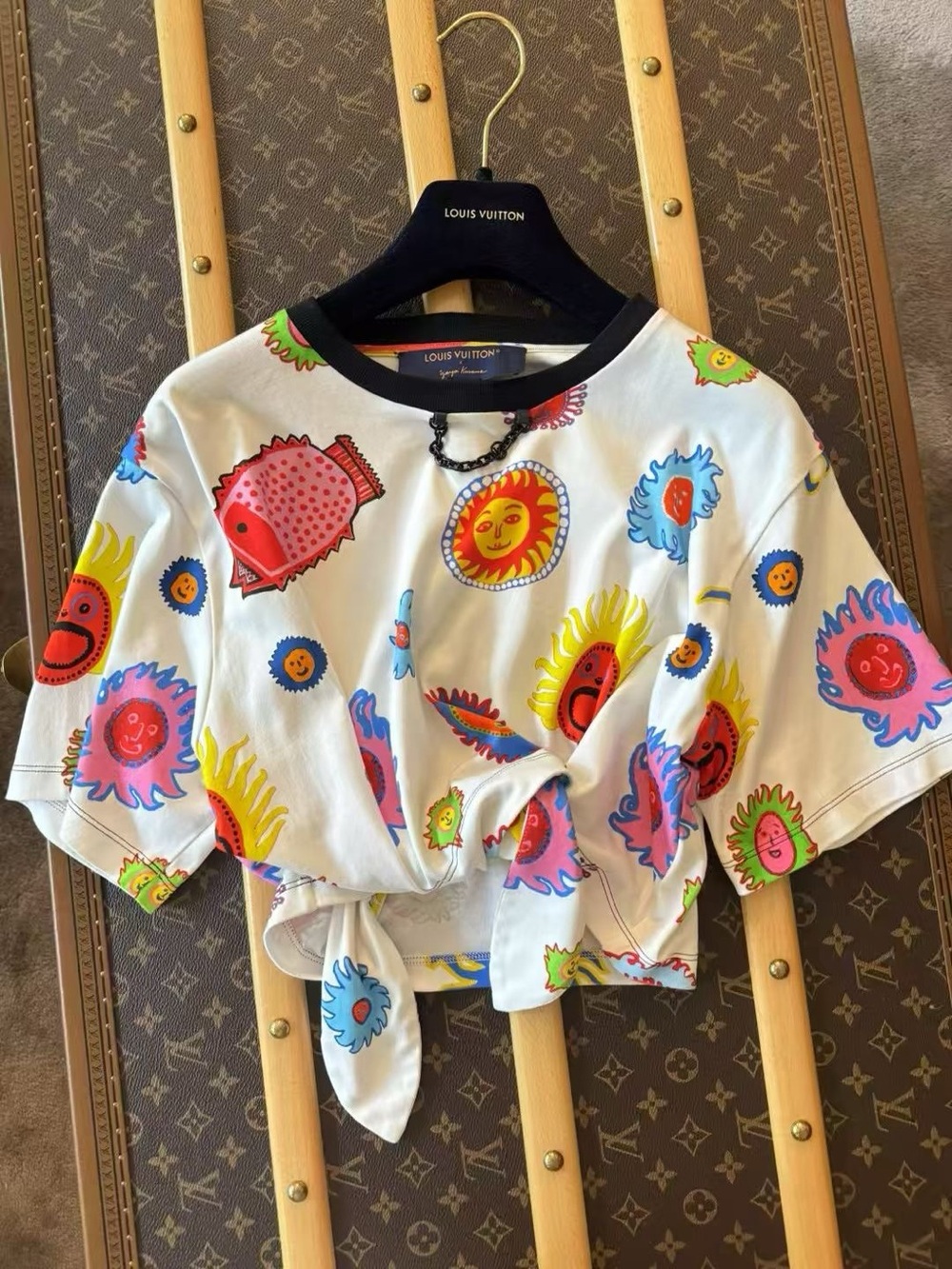 Louis Vuitton White Tie-Front Tee with Multicolor Sun & Fish Prints